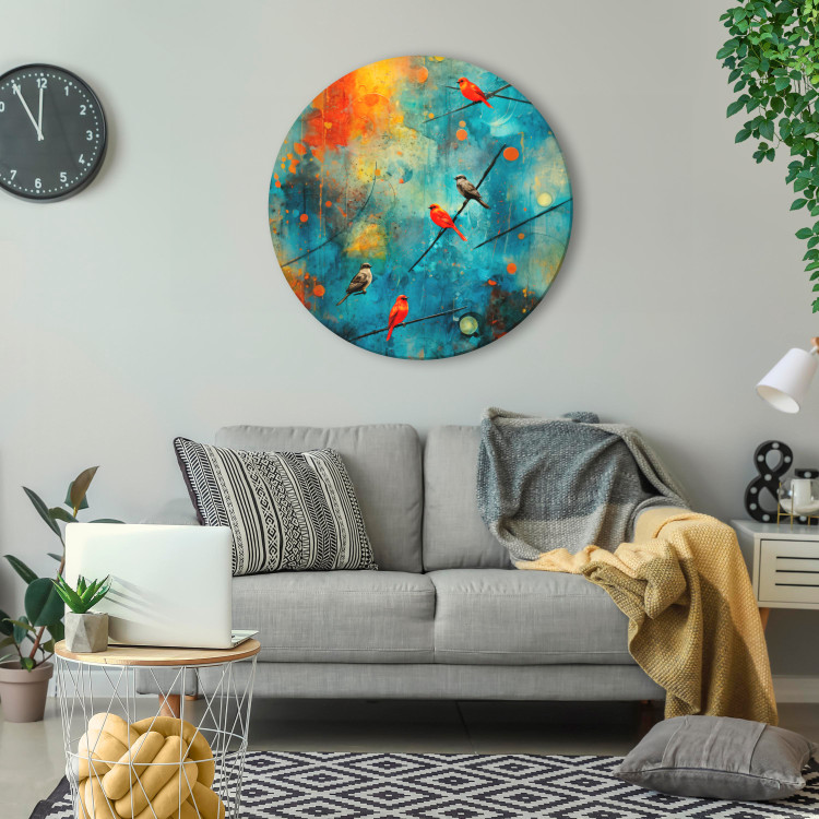 Round Canvas Bird Gathering - Colorful Birds on a Multicolored Abstract Background 151584 additionalImage 2
