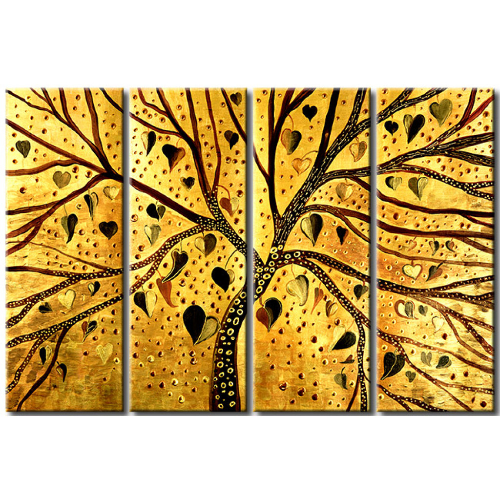 Schilderij  Bomen: Gouden Abstractie (4-delig) - Boom Met Hartvormige Bladeren