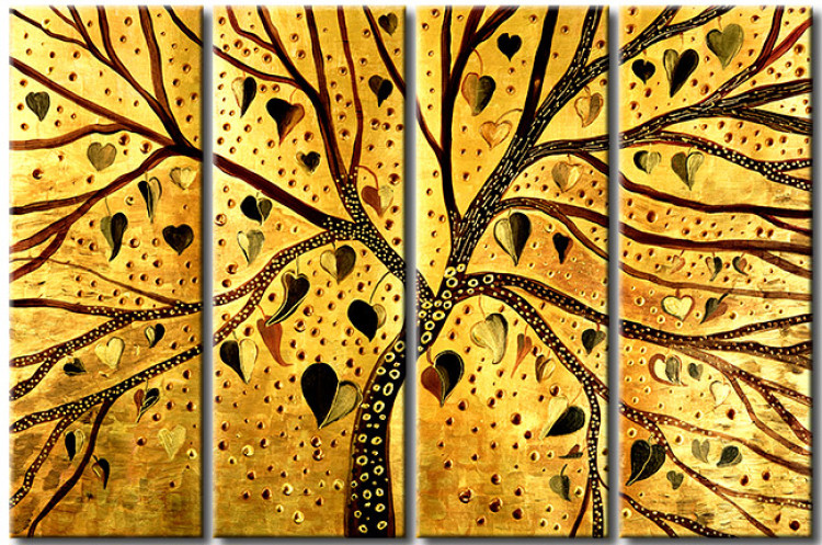 Tableau décoratif Abstraction dorée (4 pièces) - arbre en forme de cœur 47584