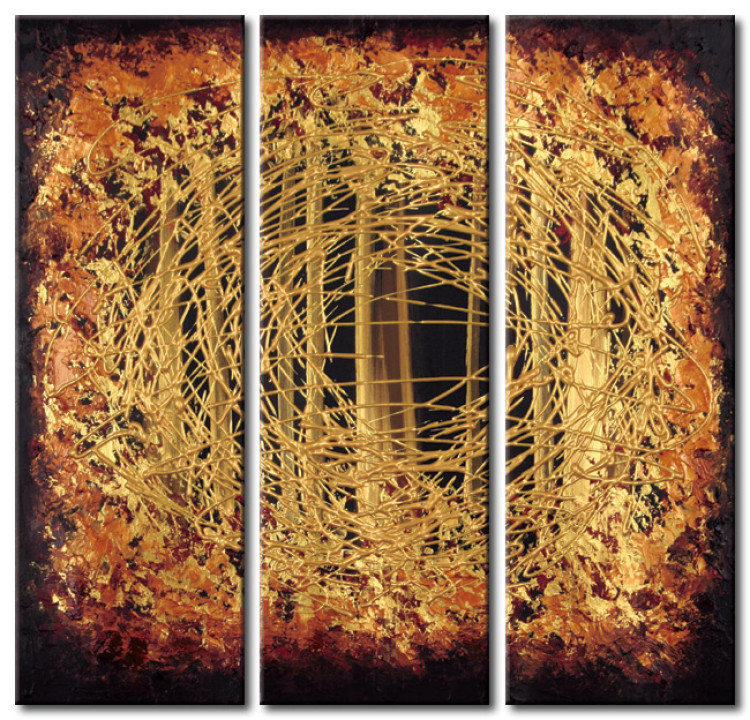 Cadre déco Profondeur de la fantaisie (3 pièces) - abstraction dorée 48184