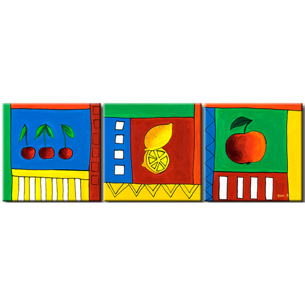 Schilderij  Fruit: Wiśnie Cytryny Jabłko (3-delig) - Illustraties Op Kleurrijke Achtergrond