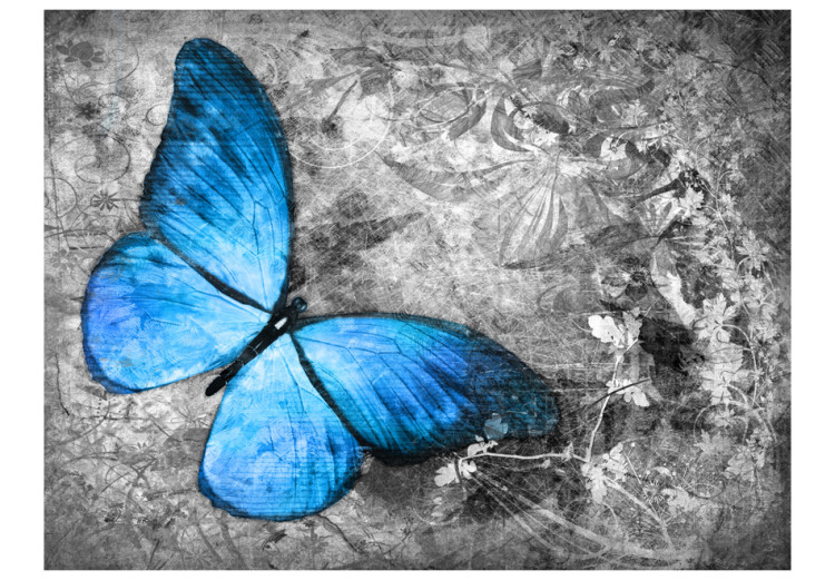 Wall Mural Insect World - Beautiful blue butterfly on a gray retro pattern background 61284 additionalImage 1