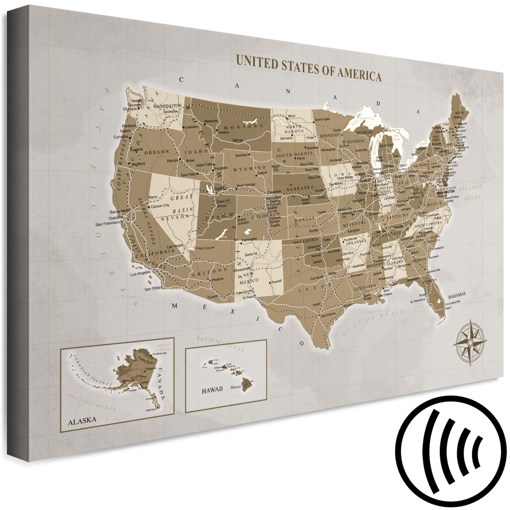 Quadro Em Tela Mapa Dos Estados Unidos Da América - Composição Castanha