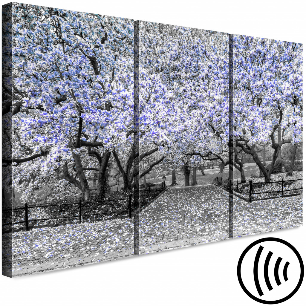 Obraz Kwitnące Magnolie - Tryptyk Z Drzewami Magnolii I Fioletowymi Kwiatami