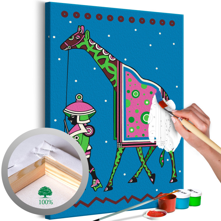 Paint by number Green Giraffe at Night - Tall Animal With a Man Against a Dark Background 144094