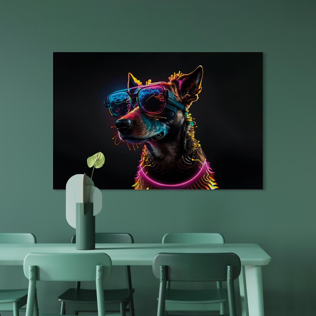 Obraz AI Pies - Różowy Cyber Zwierzak W Neonowych Okularach - Poziomy