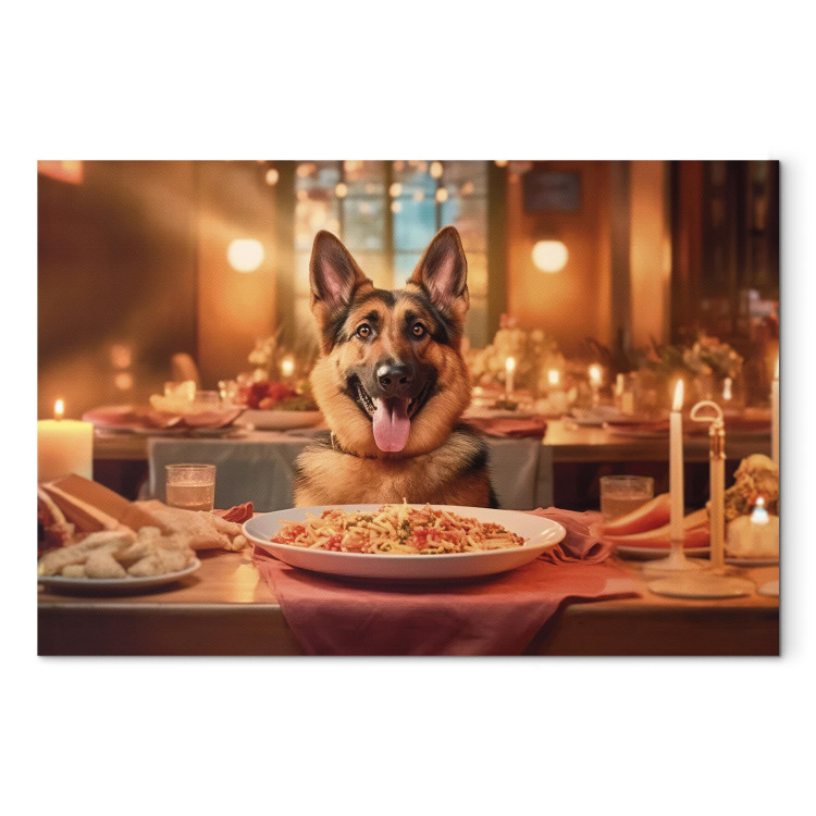 Canvas Print AI Dog German Shepherd - Animal at Dinner in Restaurant - Horizontal 150294
