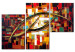 Canvas Abstraction (3-piece) - Fantasy with golden stripes on a colorful background 47994