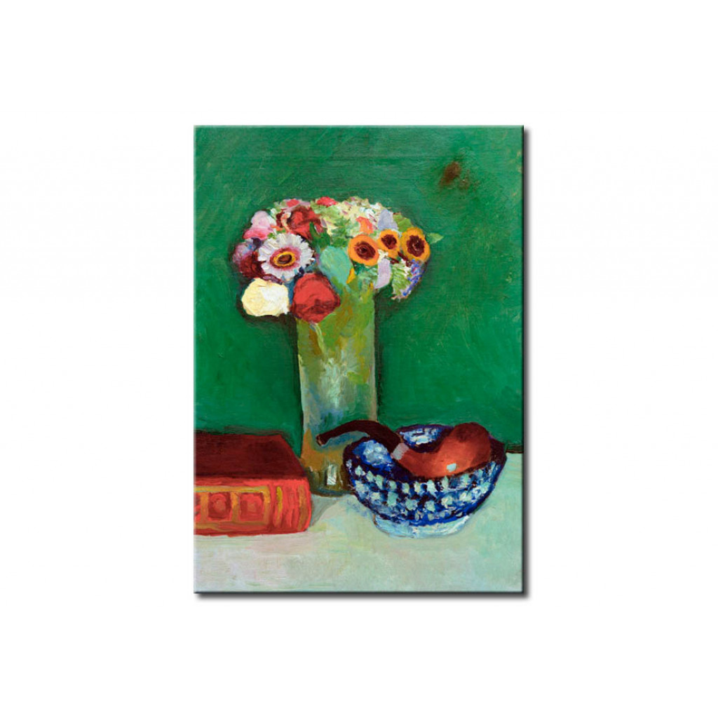 Schilderij  August Macke: Stilleben Mit Blumenstrauß Und Pfeife In Blauer Schale