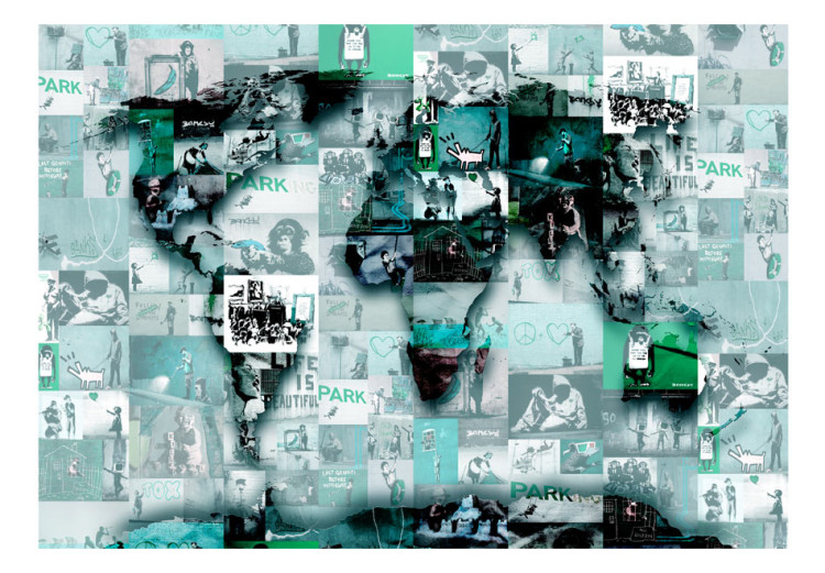 Mural Street Art Verde e Banksy - mapa-múndi como um collage de murais 92594 additionalImage 1