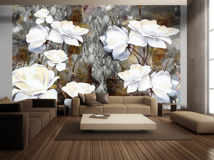 Wall Mural Painted nature - motif of white flowers on a stone background with moss 97294