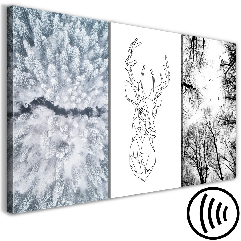 Schilderij  Herten: Wintertriptiek - Geometrische Herten En Besneeuwde Bomen