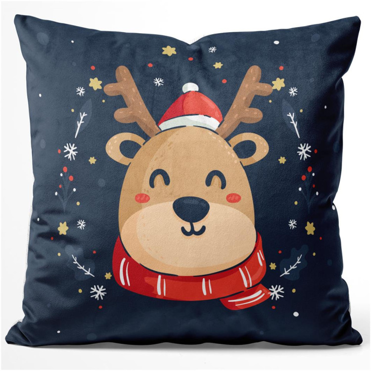 Decorative Velor Pillow Smiling reindeer - an animal wearing a festive scarf and Santa hat 148505