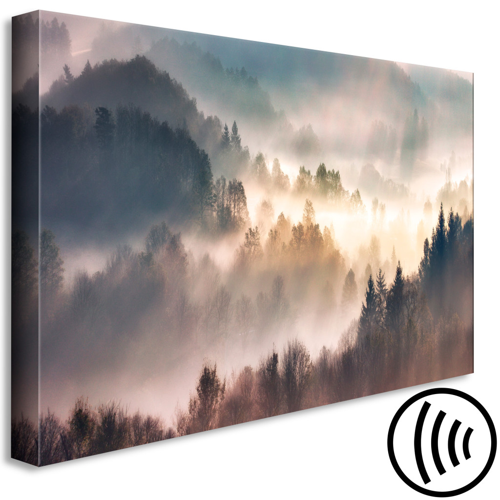 Schilderij  Bergen: Forest In The Fog - Mountainous Landscape With Trees At Sunrise