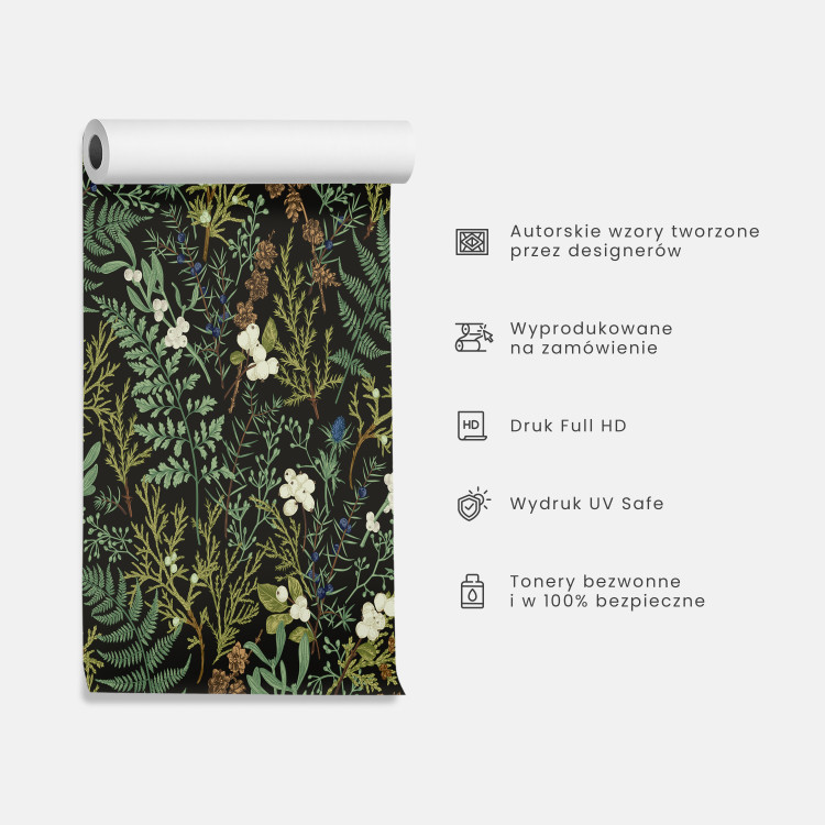 Tapeta Monochromatyczna natura - szkic liści i kwiatów na granatowym tle / Monochromatyczny deseń 149905 additionalImage 5
