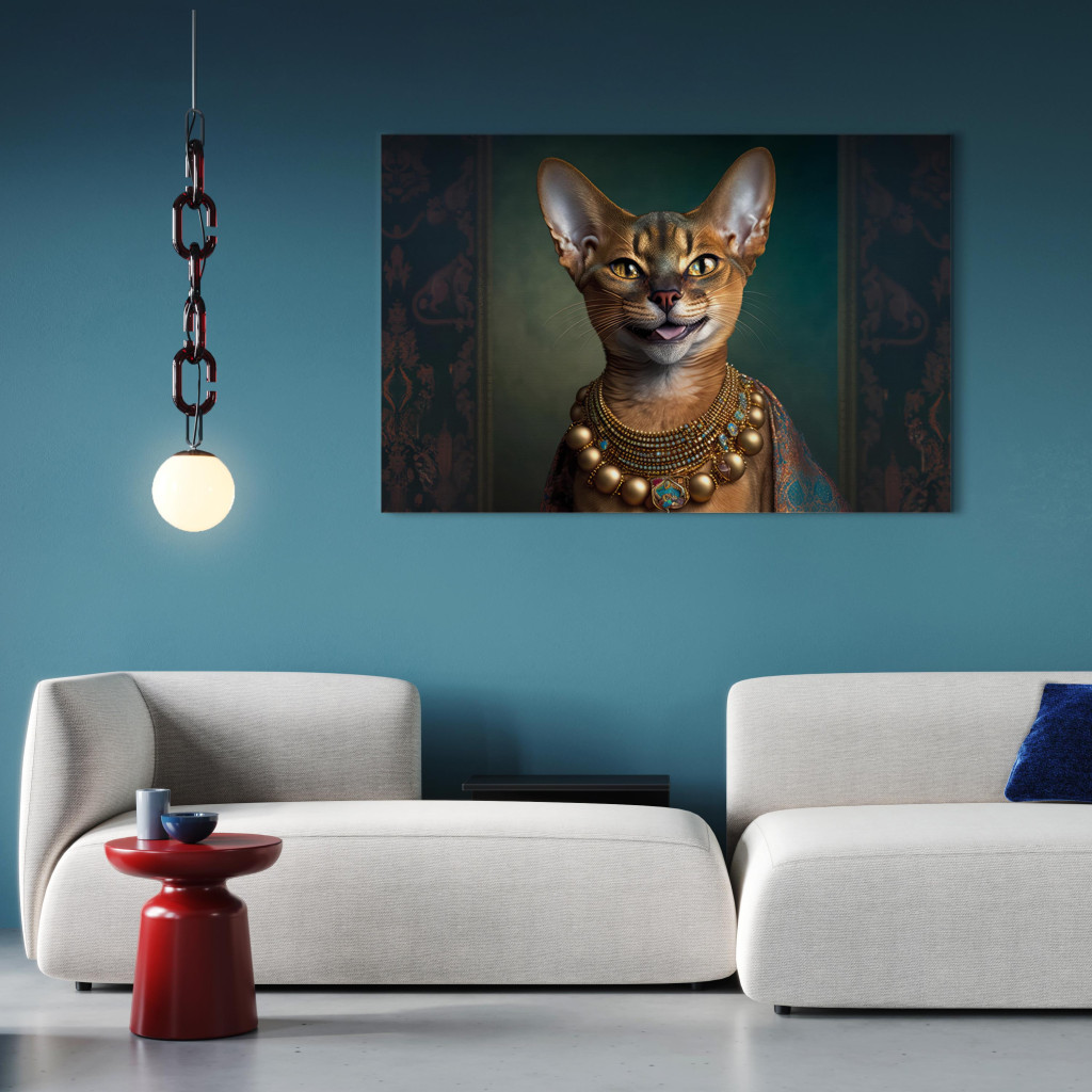 Schilderij  Katten: AI Abyssinian Cat - Animal Fantasy Portrait With Golden Necklace - Horizontal