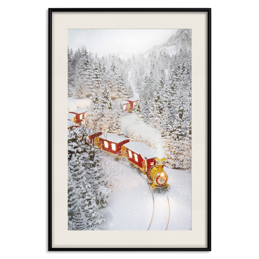 Poster Decorativo Christmas Train - A Red Train Going Through A Snow-Covered Forest