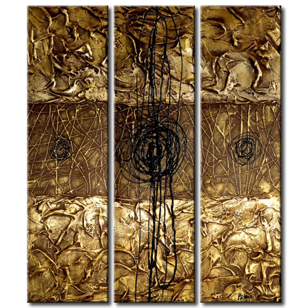 Pintura Fantasia Do Tempo (3 Partes) - Abstração Dourada Com Padrão De Fio Preto