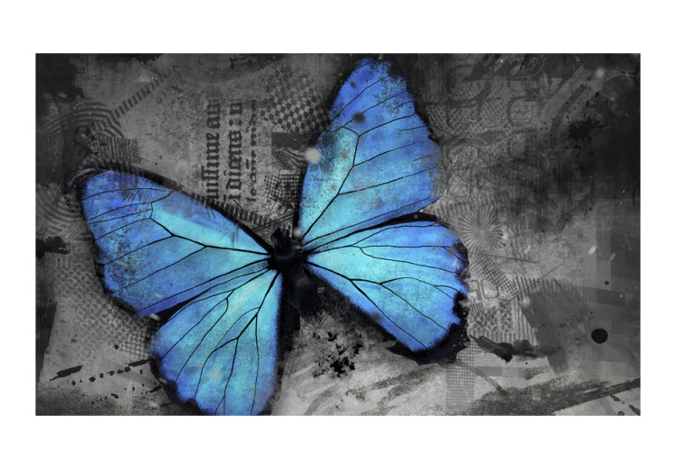 Wall Mural Beauty of the Butterfly - Blue butterfly on a graphite background with newspaper motif 61305 additionalImage 1