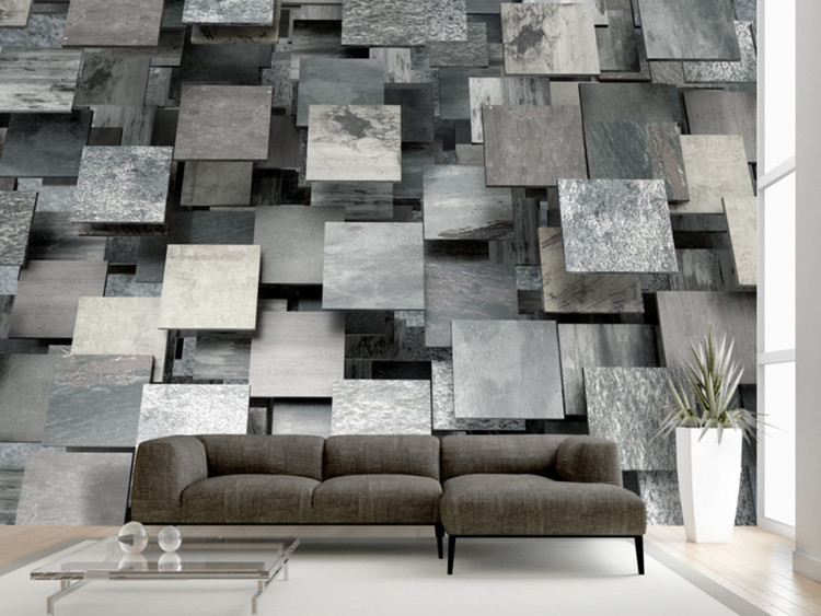 Mural de parede Quadrados Cinzas - ilusão geométrica 3D e espaço em azulejos cinzas