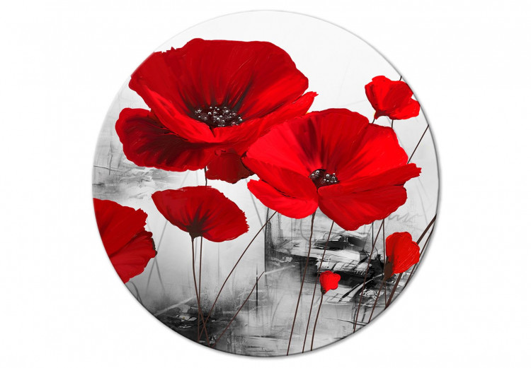 Round Canvas Flowery Tale - Red Poppies on an Abstract Gray Background 148615
