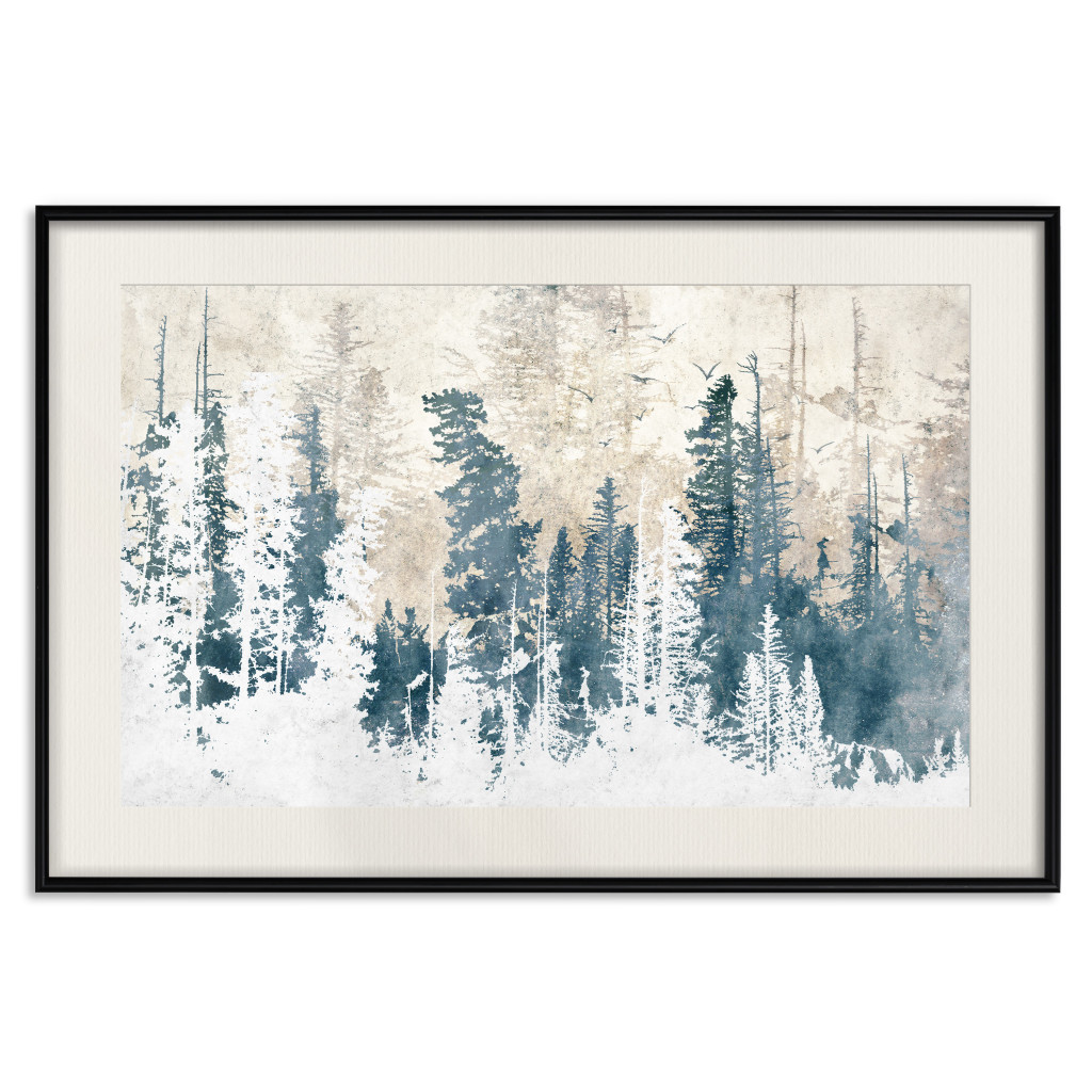 Plakat: Abstrakcyjny Zagajnik - Pejzaż Zimowego Lasu Z Błękitnymi Drzewami