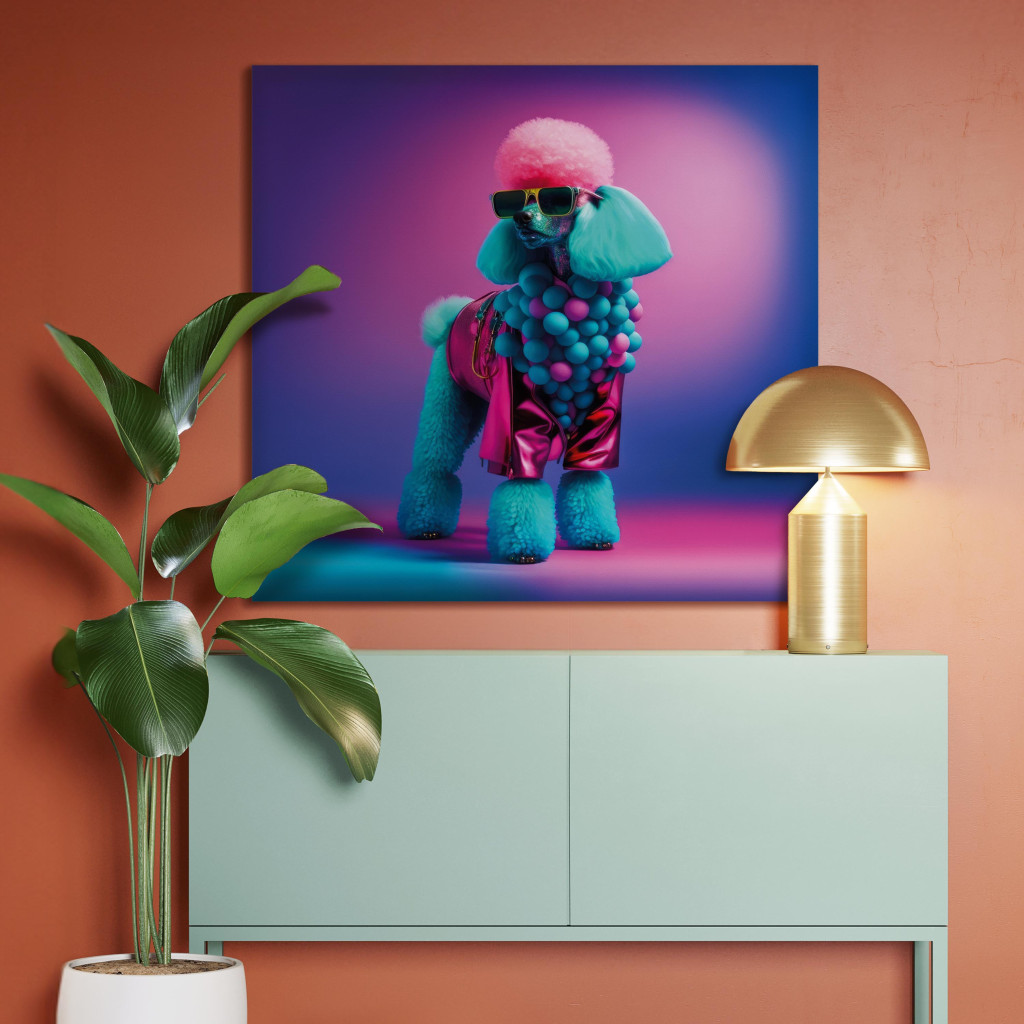 Schilderij  Honden: AI Dog Poodle - Fluffy Animal In A Fashionable Colorful Outfit - Square