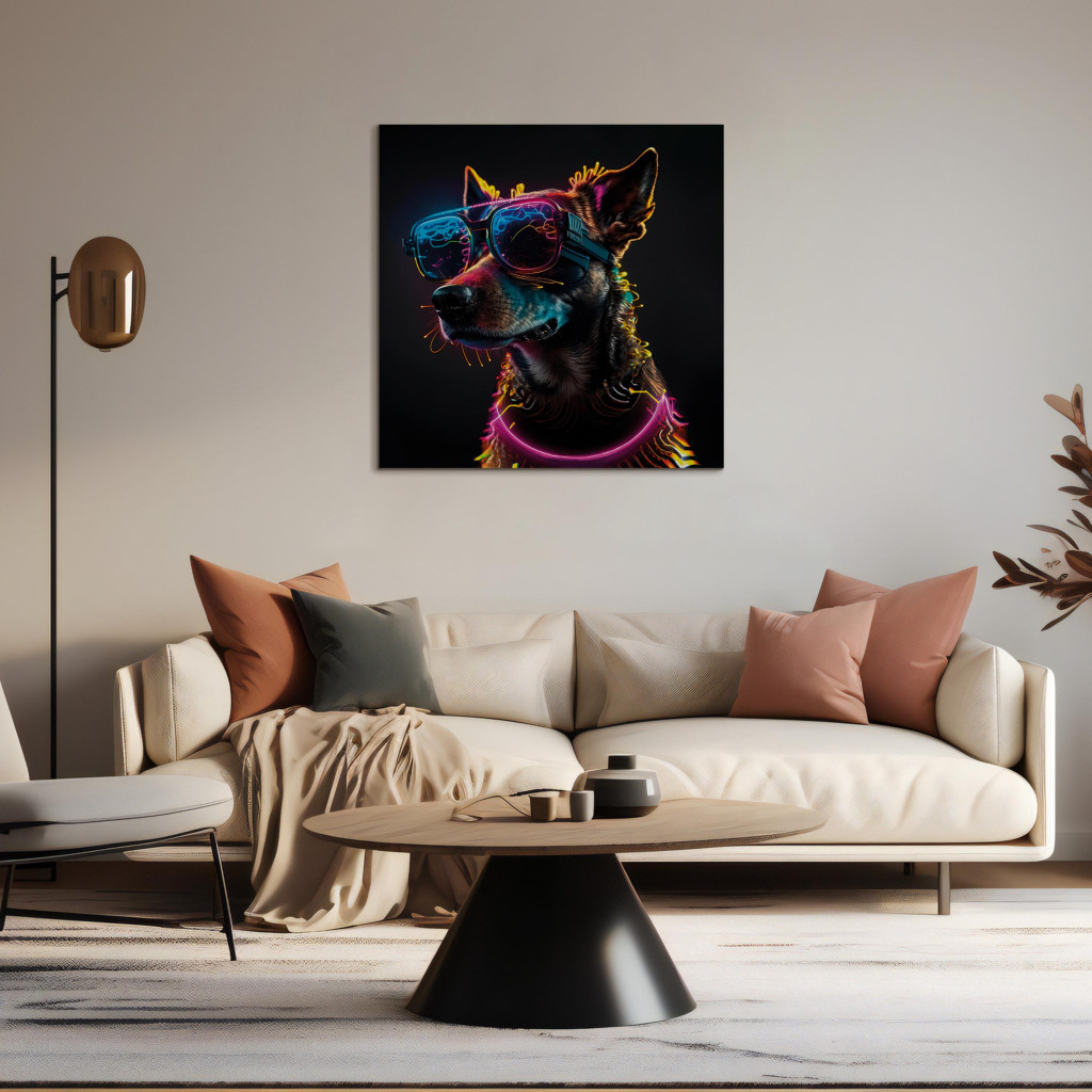 Schilderij  Honden: AI Dog - Pink Cyber Animal With Neon Glasses - Square