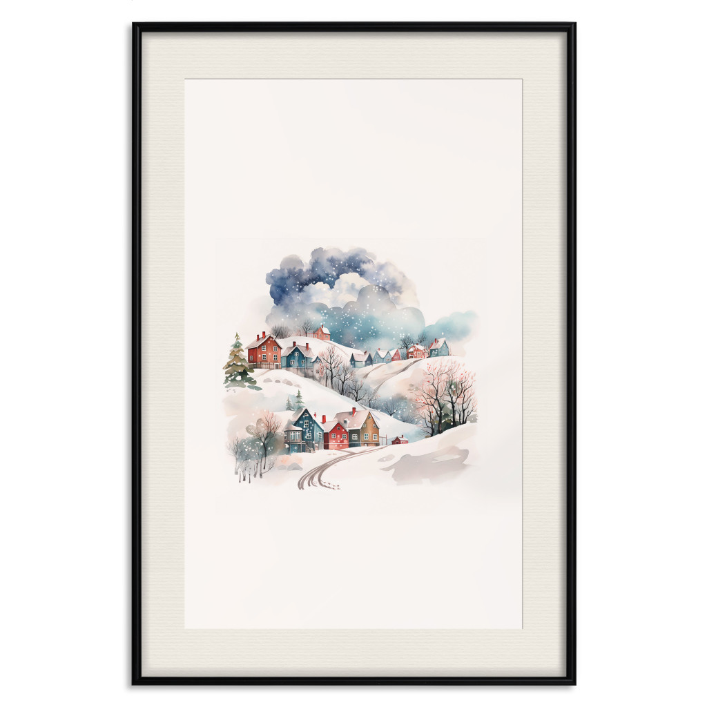Plakat: Świąteczna Wioska - Akwarelowa Ilustracja Zimowego Pejzażu
