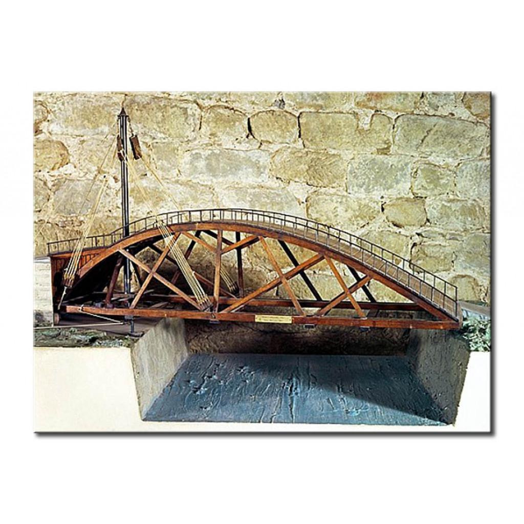 Schilderij  Leonardo Da Vinci: Model Of A Swing Bridge Made From One Of Leonardo's Drawings