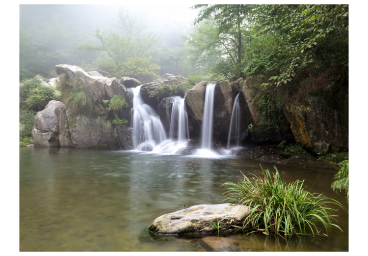 Fototapeta Spływające wodospady - pejzaż jeziora w lesie ze skalistym spadem 60015 additionalImage 1