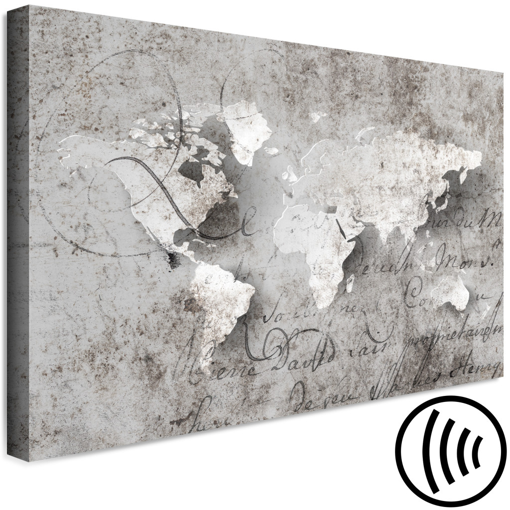 Schilderij  Kaarten Van De Wereld: Het Ontdekken Van Continenten (1-delige Serie) - Retro Wereldkaart Met Teksten