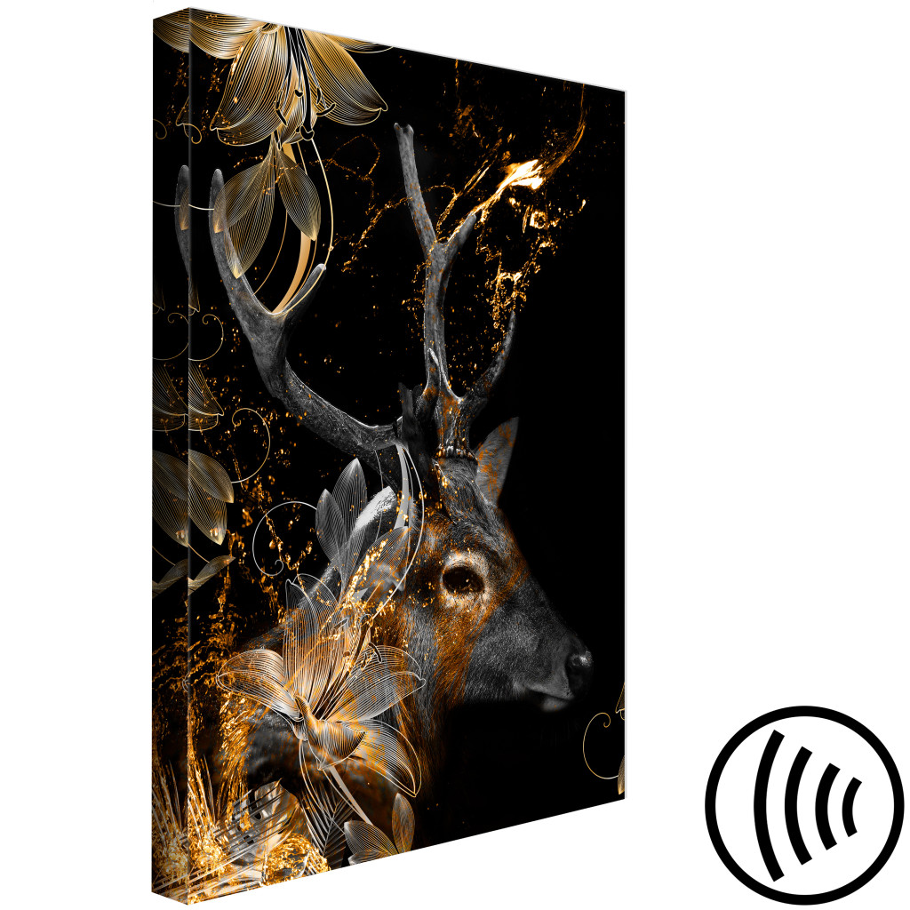 Schilderij  Abstract: Holy Deer - Bosdier Met Gouden Applicaties Op Een Zwarte Achtergrond