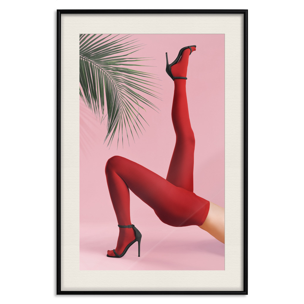 Posters: Red Tights - Woman Legs, High Heels And Palm Leaf On A Pink Background
