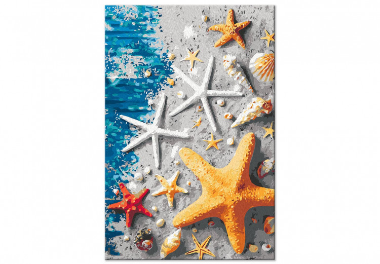 Obraz do malowania po numerach Piasek i muszelki - rozgwiazdy i morskie elementy na niebieskich deskach 144525 additionalImage 5