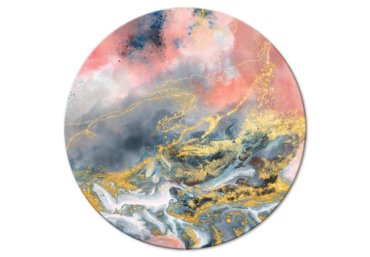 Round Canvas Pastel Expression - Golden Streaks on Pink and Blue Blots 148725