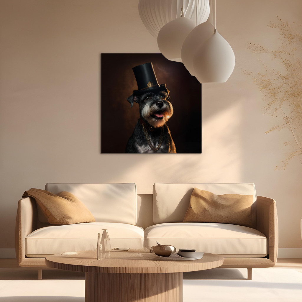 Obraz AI Pies Sznaucer Miniatura - Portret Radosnego Zwierzaka W Cylindrze - Kwadratowy