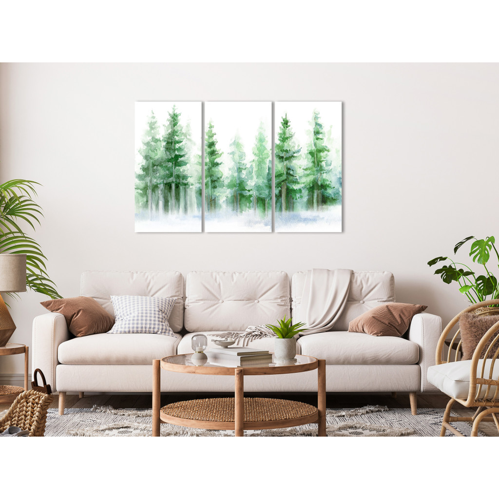 Quadro Trees Painted With Watercolor - Spruce Forest In White And Green Colors