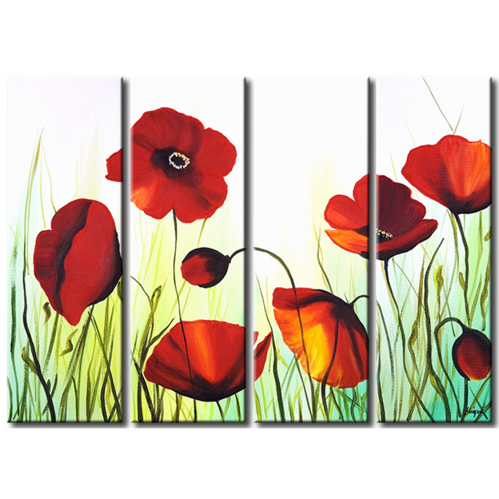 Schilderij  Klaprozen: Klaprozen Tussen Het Gras (4-delig) - Natuurmotief Met Rode Bloemen