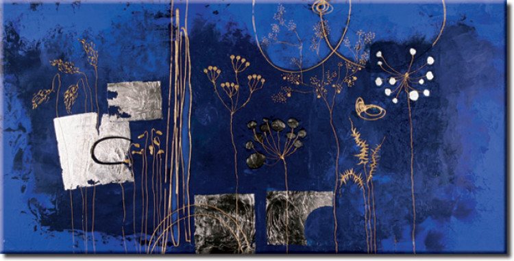 Leinwandbild Pflanzenabstraktion (1-teilig) - goldene Blumen auf blauem Hintergrund 48625