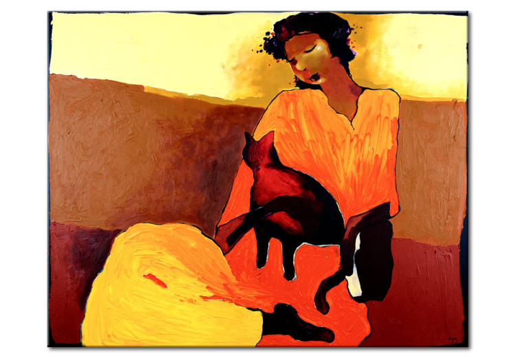 Quadro pintado Gato sentado - um retrato sensual de uma mulher e de um animal 48925