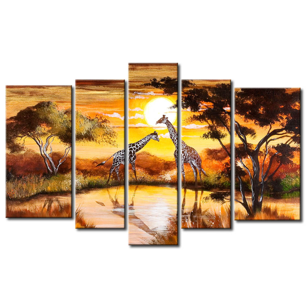 Schilderij  Dieren: Giraffen Bij De Waterbron