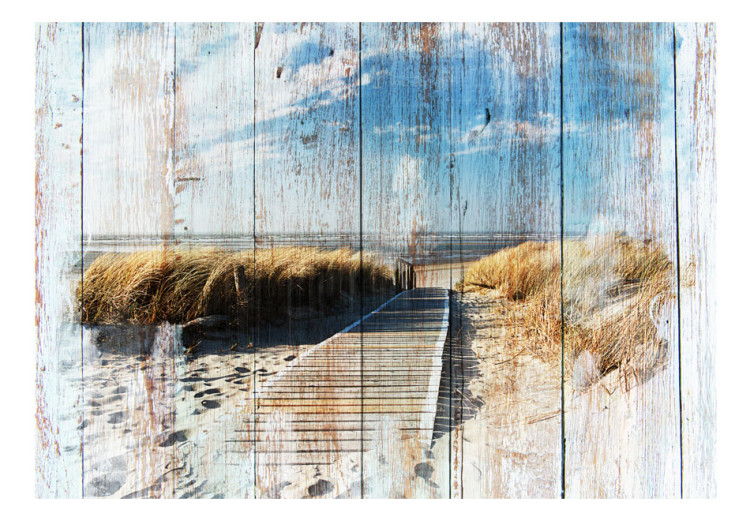 Carta da parati moderna Paesaggio estivo - spiaggia sabbiosa e mare su sfondo di legno 92025 additionalImage 1