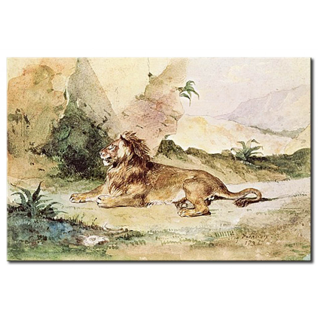 Schilderij  Eugène Delacroix: A Lion In The Desert