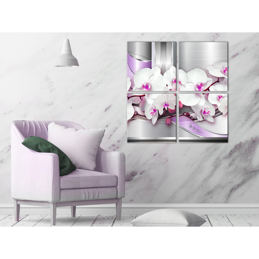 Schilderij  Florale Motieven: Orchid - 4-delige, Moderne Compositie Van Een Elegante Plant