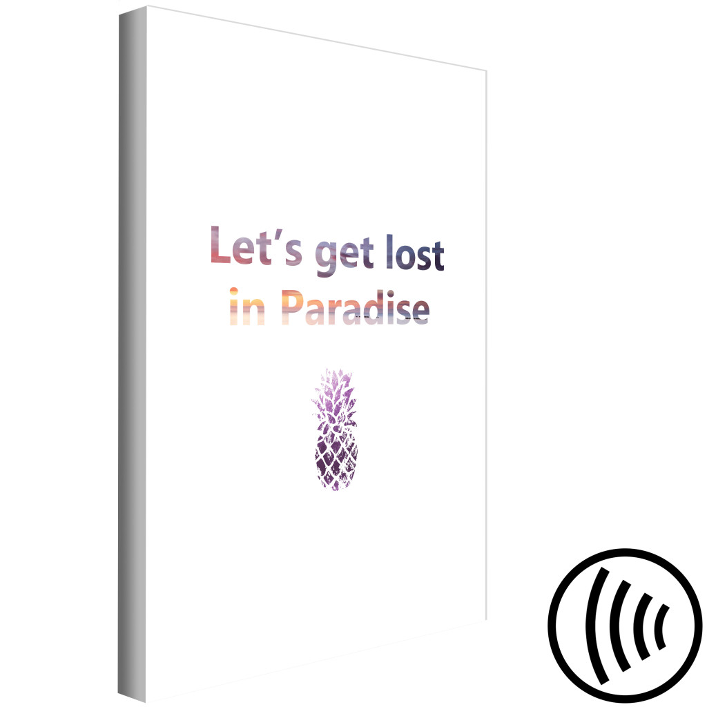 Tavla Lost In Paradise - Färgglada Bokstäver På Engelska Med Lila Ananas På En Vit Bakgrund