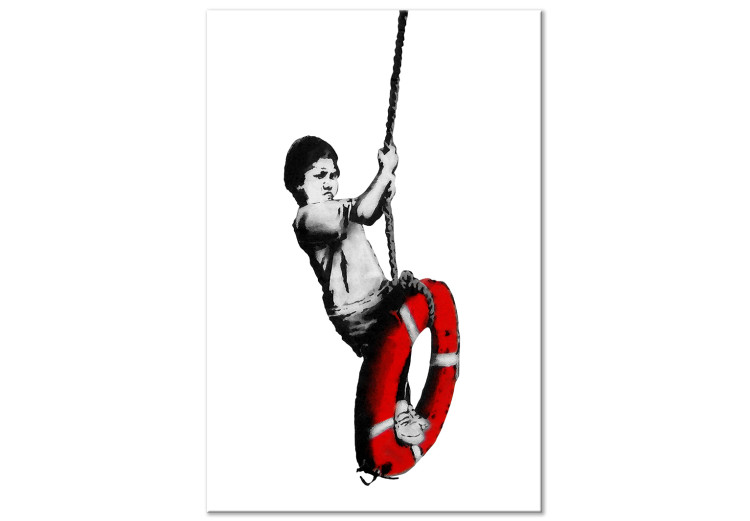 Canvas Boy with a lifebuoy - black and white graphic in street art style
