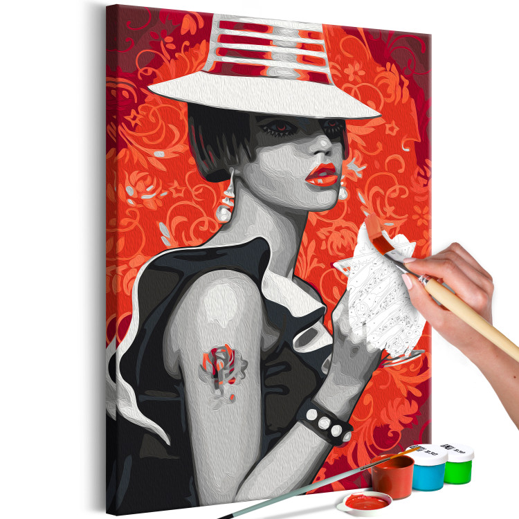 Paint by number Gangster Girl - Woman With a Hat and a Drink on a Red Background 144135 additionalImage 3