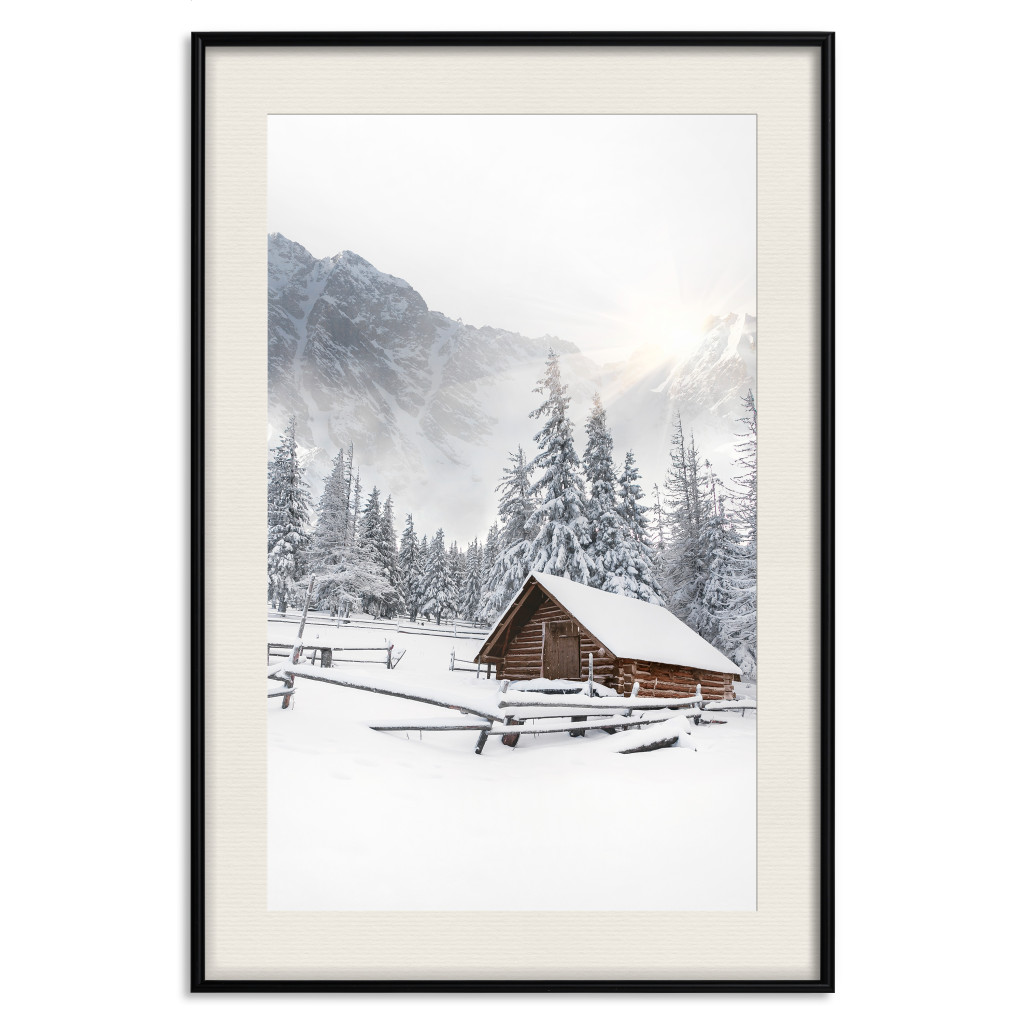 Poster Decorativo Winter Morning - Sunrise Landscape Over The Mountains, A Cottage And A Forest
