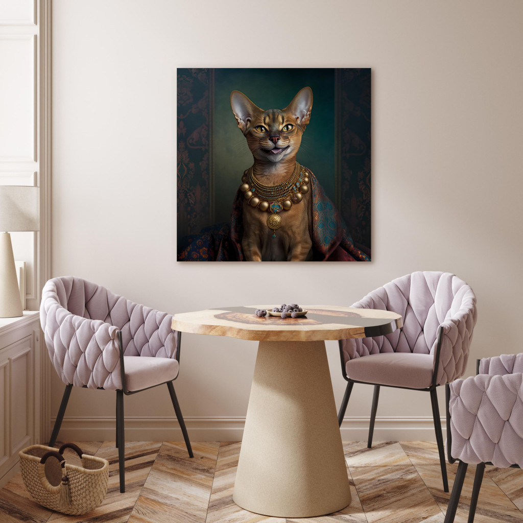 Schilderij  Katten: AI Abyssinian Cat - Animal Fantasy Portrait With Golden Necklace - Square